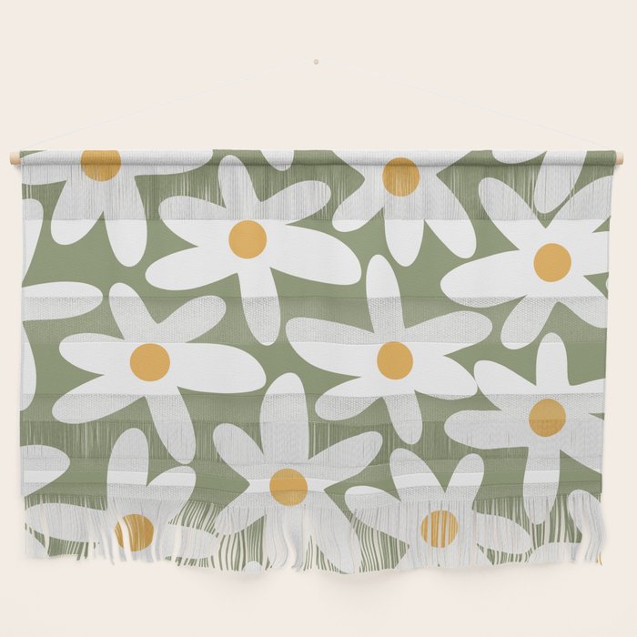 Daisy Time Retro Floral Pattern Sage Green White Mustard Wall Hanging Gallery Image 1