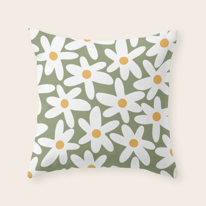 Daisy Time Retro Floral Pattern Sage Green White Mustard Throw Pillow Gallery Image 6