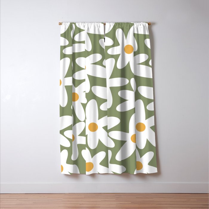 Daisy Time Retro Floral Pattern Sage Green White Mustard Window Curtain Gallery Image 3