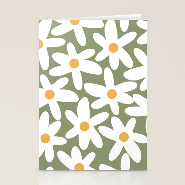 Daisy Time Retro Floral Pattern Sage Green White Mustard Stationery Card Gallery Image 1