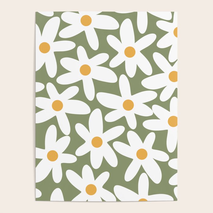 Daisy Time Retro Floral Pattern Sage Green White Mustard Poster Gallery Image 4