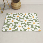 Daisy Time Retro Floral Pattern Sage Green White Mustard Rug Gallery Image 1