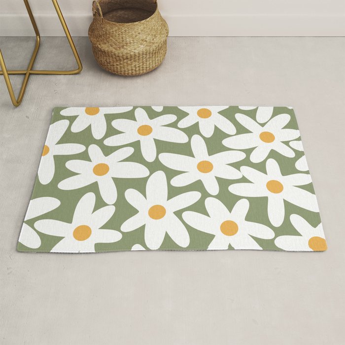 Daisy Time Retro Floral Pattern Sage Green White Mustard Rug Gallery Image 1