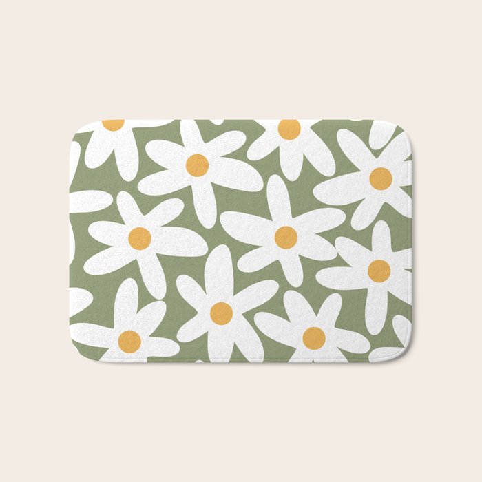 Daisy Time Retro Floral Pattern Sage Green White Mustard Bath Mat Gallery Image 1