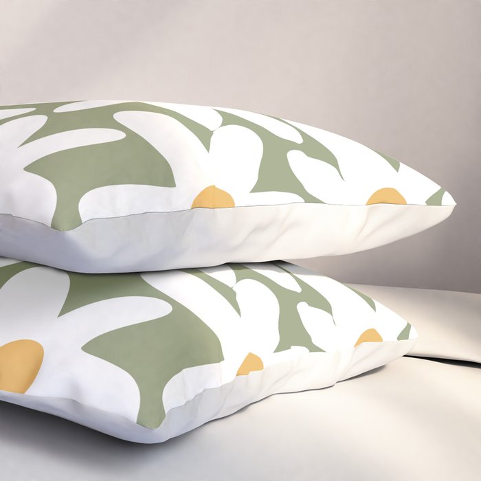Daisy Time Retro Floral Pattern Sage Green White Mustard Pillow Sham Gallery Image 3