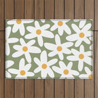 Daisy Time Retro Floral Pattern Sage Green White Mustard Outdoor Rug Gallery Image 1