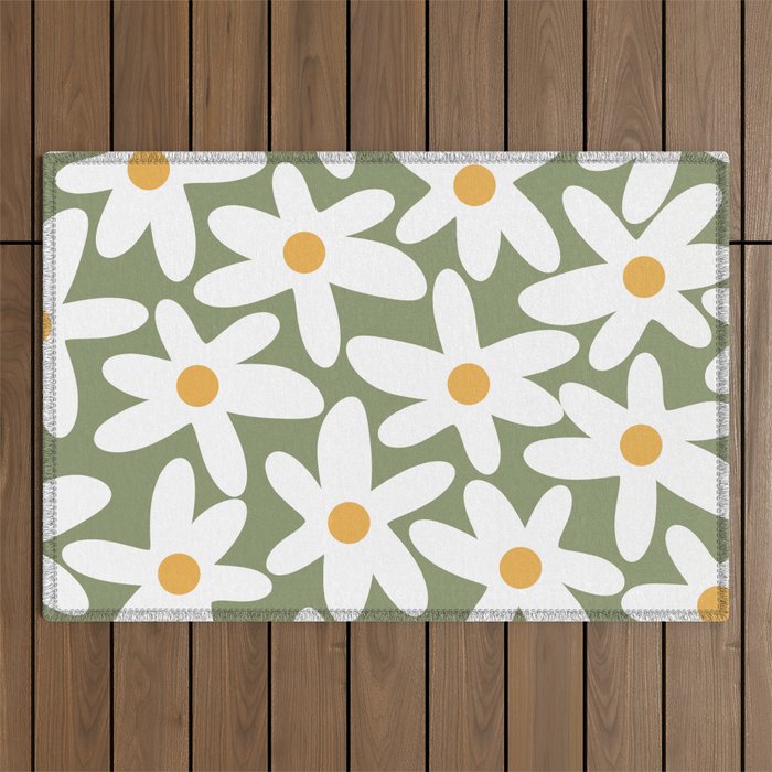 Daisy Time Retro Floral Pattern Sage Green White Mustard Outdoor Rug Gallery Image 1