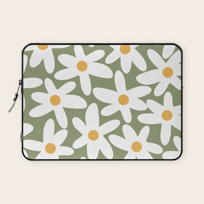Daisy Time Retro Floral Pattern Sage Green White Mustard Laptop Sleeve Gallery Image 1