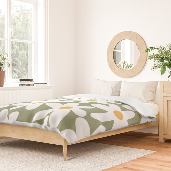 Daisy Time Retro Floral Pattern Sage Green White Mustard Duvet Cover Gallery Image 2