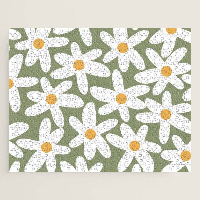 Daisy Time Retro Floral Pattern Sage Green White Mustard Jigsaw Puzzle Gallery Image 1