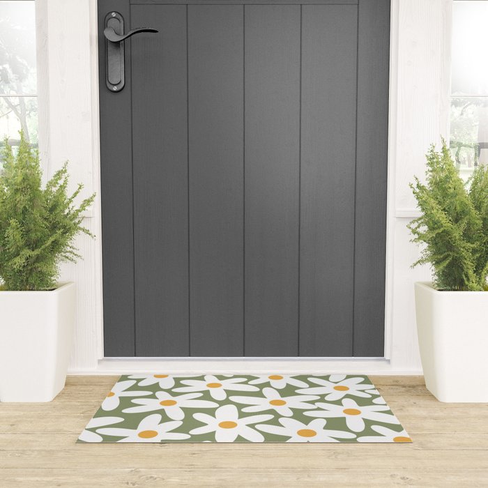 Daisy Time Retro Floral Pattern Sage Green White Mustard Welcome Mat Gallery Image 3