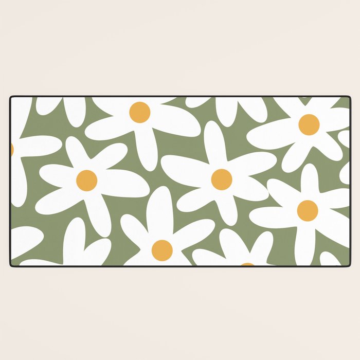 Daisy Time Retro Floral Pattern Sage Green White Mustard Desk Mat Gallery Image 3