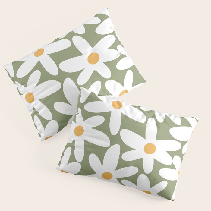 Daisy Time Retro Floral Pattern Sage Green White Mustard Pillow Sham Gallery Image 1