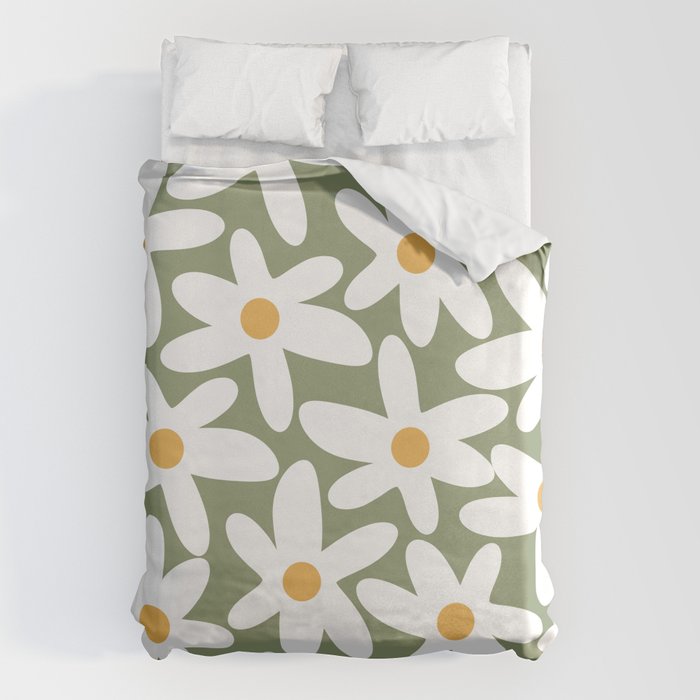 Daisy Time Retro Floral Pattern Sage Green White Mustard Duvet Cover Gallery Image 6