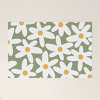 Daisy Time Retro Floral Pattern Sage Green White Mustard Welcome Mat Gallery Image 1