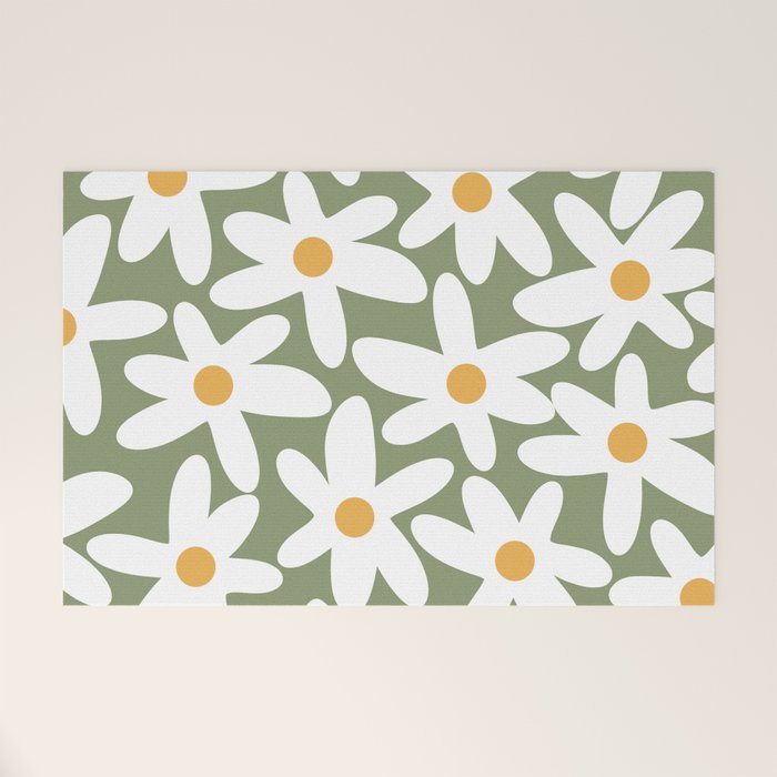 Daisy Time Retro Floral Pattern Sage Green White Mustard Welcome Mat Gallery Image 1