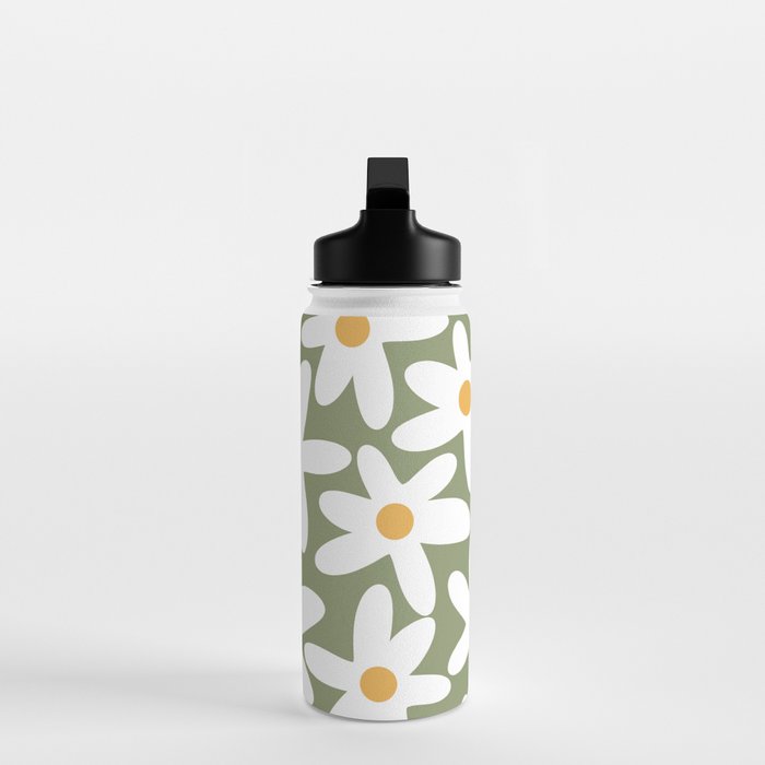 Daisy Time Retro Floral Pattern Sage Green White Mustard Water Bottle Gallery Image 3