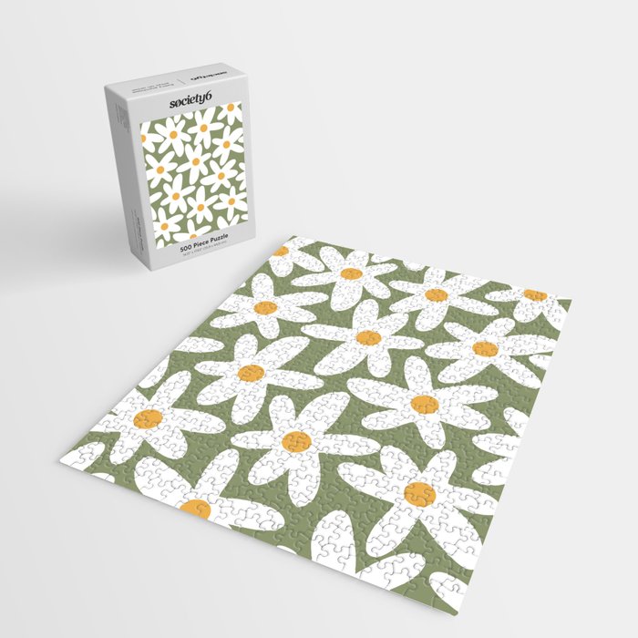 Daisy Time Retro Floral Pattern Sage Green White Mustard Jigsaw Puzzle Gallery Image 2