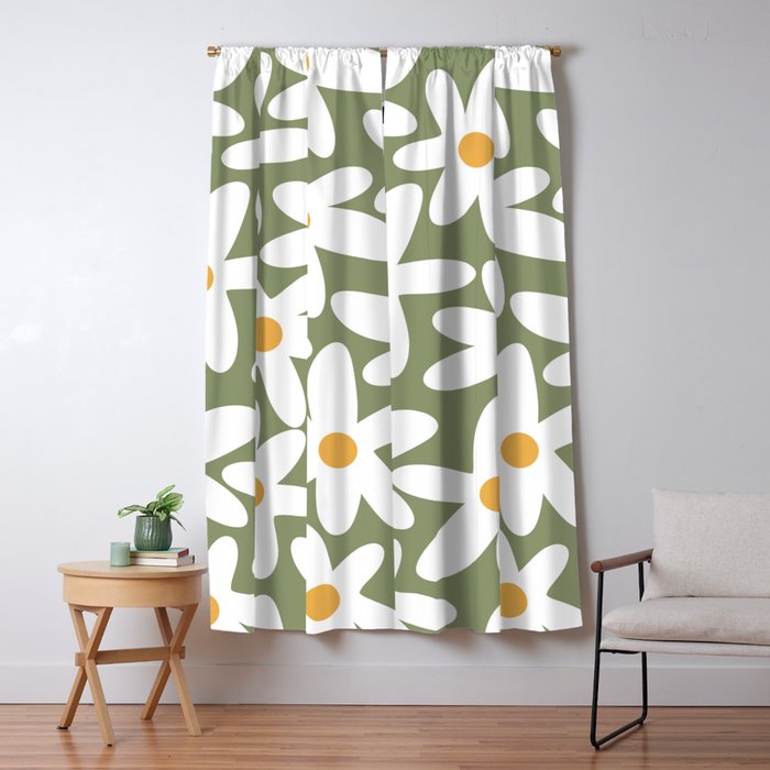 Daisy Time Retro Floral Pattern Sage Green White Mustard Window Curtain Gallery Image 5