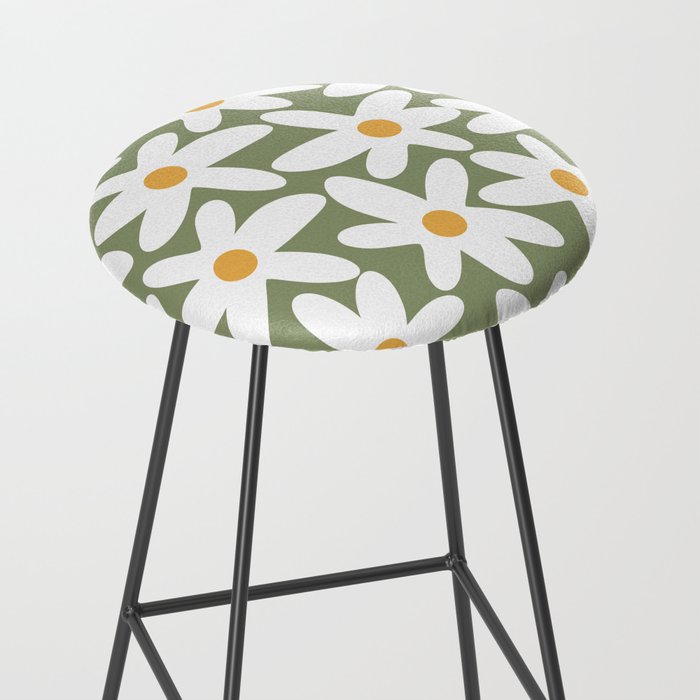 Daisy Time Retro Floral Pattern Sage Green White Mustard Stool Gallery Image 2