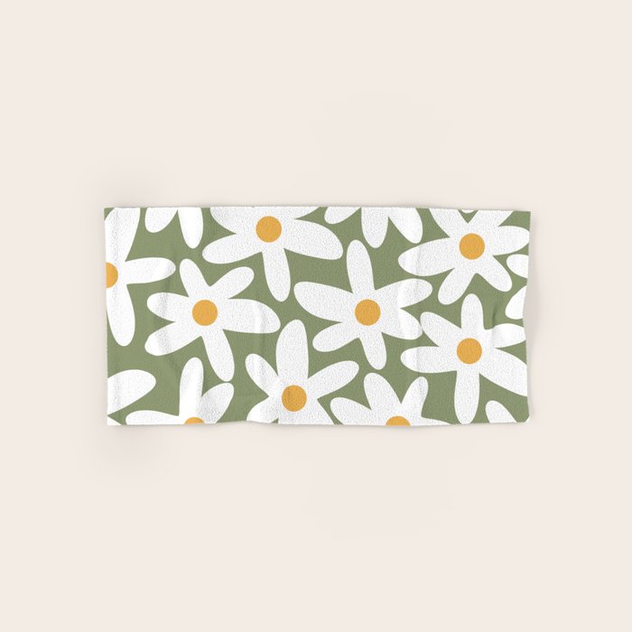 Daisy Time Retro Floral Pattern Sage Green White Mustard Bath Towel Gallery Image 1
