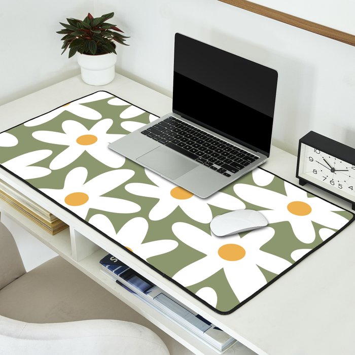 Daisy Time Retro Floral Pattern Sage Green White Mustard Desk Mat Gallery Image 2