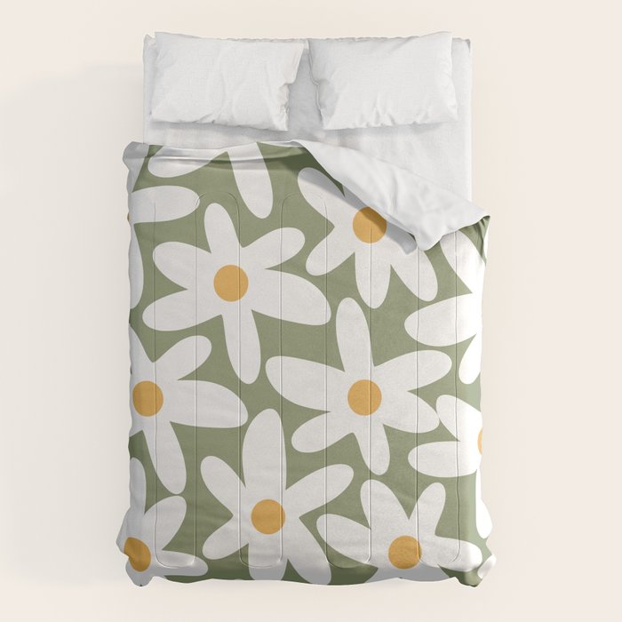 Daisy Time Retro Floral Pattern Sage Green White Mustard Comforter Gallery Image 6