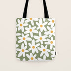 Daisy Time Retro Floral Pattern Sage Green White Mustard Tote Bag Gallery Image 1