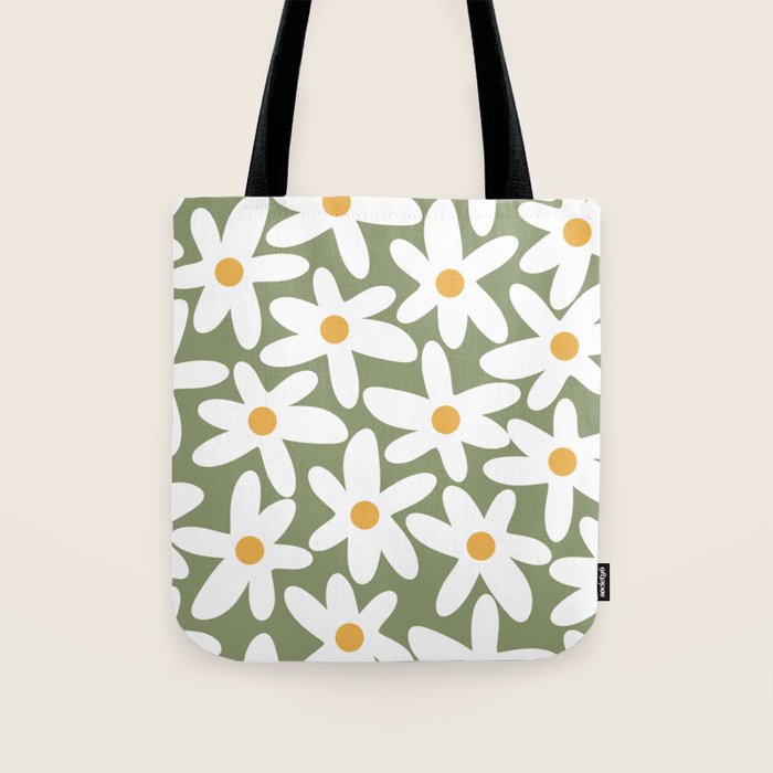 Daisy Time Retro Floral Pattern Sage Green White Mustard Tote Bag Gallery Image 1