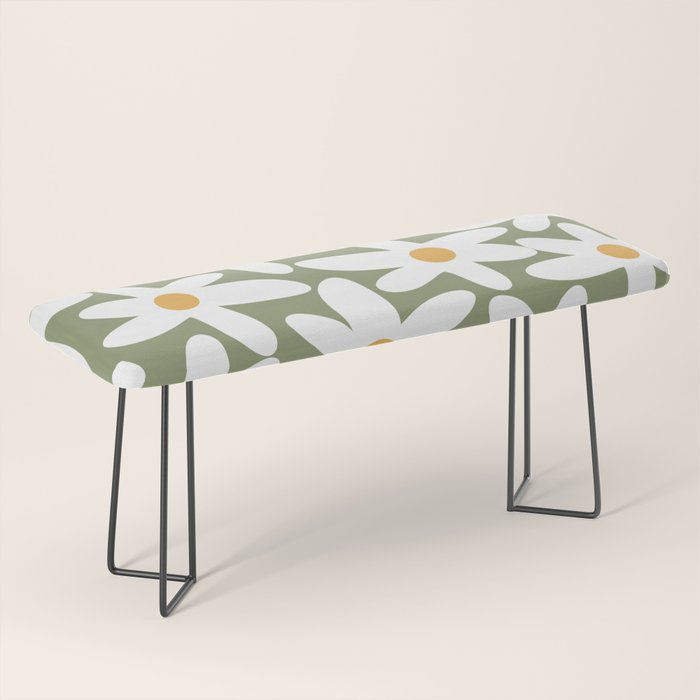 Daisy Time Retro Floral Pattern Sage Green White Mustard Bench Gallery Image 1