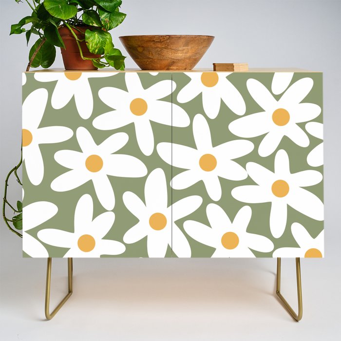 Daisy Time Retro Floral Pattern Sage Green White Mustard Credenza Gallery Image 1