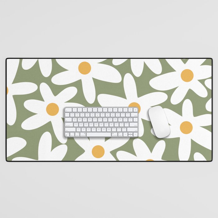 Daisy Time Retro Floral Pattern Sage Green White Mustard Desk Mat Gallery Image 1