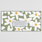 Daisy Time Retro Floral Pattern Sage Green White Mustard Desk Mat Gallery Image 1