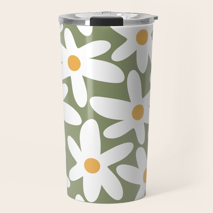 Daisy Time Retro Floral Pattern Sage Green White Mustard Travel Mug Gallery Image 1