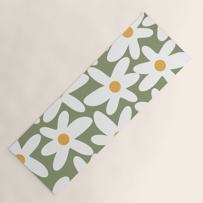 Daisy Time Retro Floral Pattern Sage Green White Mustard Yoga Mat Gallery Image 1