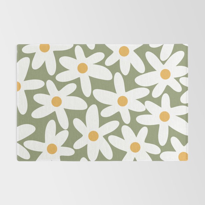 Daisy Time Retro Floral Pattern Sage Green White Mustard Rug Gallery Image 2