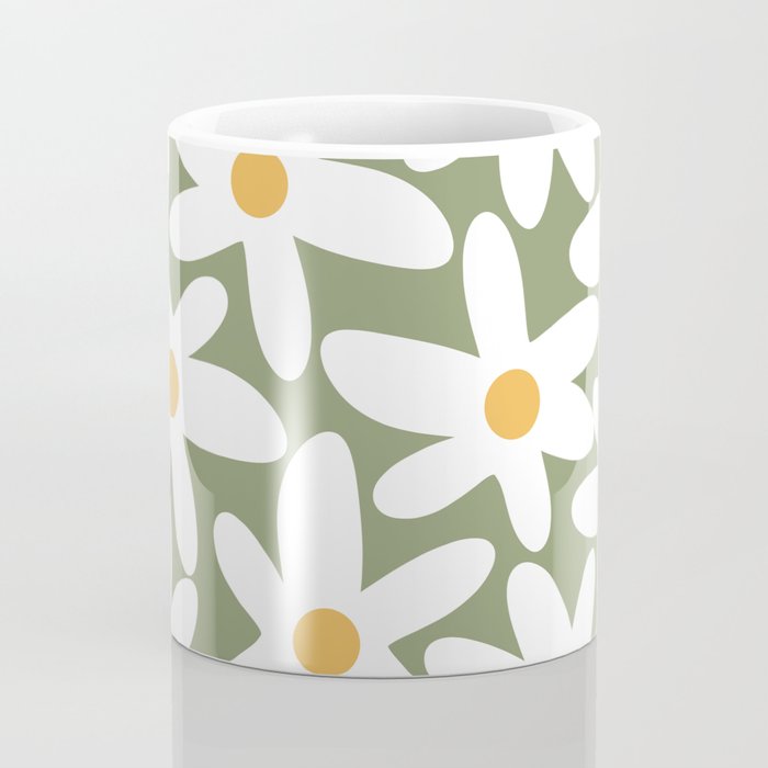 Daisy Time Retro Floral Pattern Sage Green White Mustard Coffee Mug Gallery Image 4