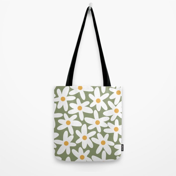 Daisy Time Retro Floral Pattern Sage Green White Mustard Tote Bag Gallery Image 2