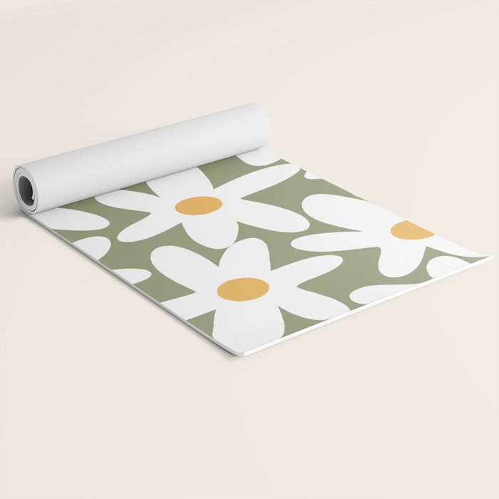 Daisy Time Retro Floral Pattern Sage Green White Mustard Yoga Mat Gallery Image 2