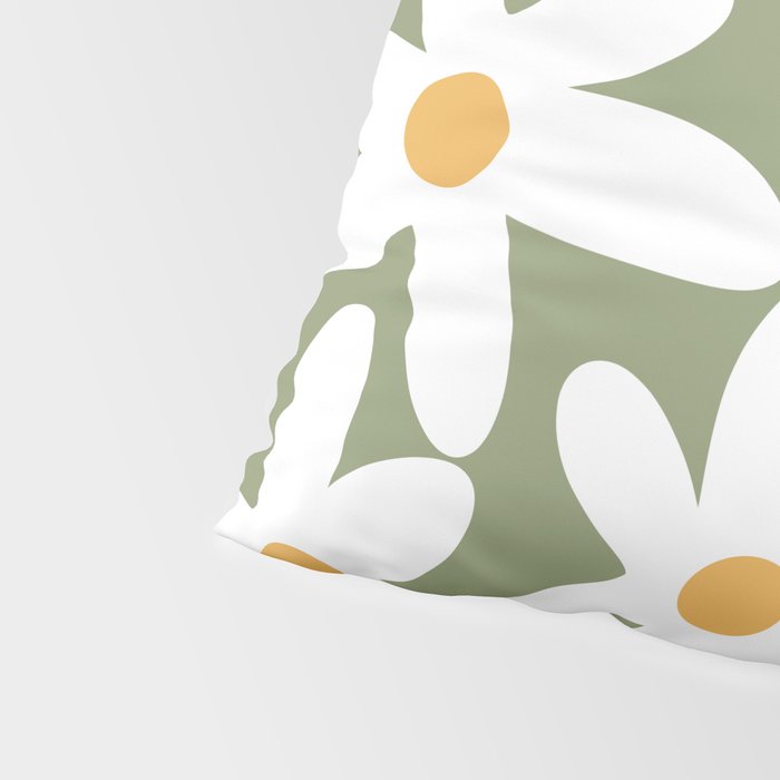 Daisy Time Retro Floral Pattern Sage Green White Mustard Pillow Sham Gallery Image 4