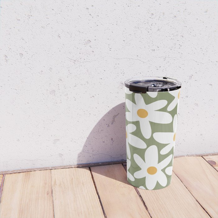 Daisy Time Retro Floral Pattern Sage Green White Mustard Travel Mug Gallery Image 4