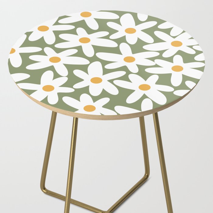 Daisy Time Retro Floral Pattern Sage Green White Mustard Side Table Gallery Image 2