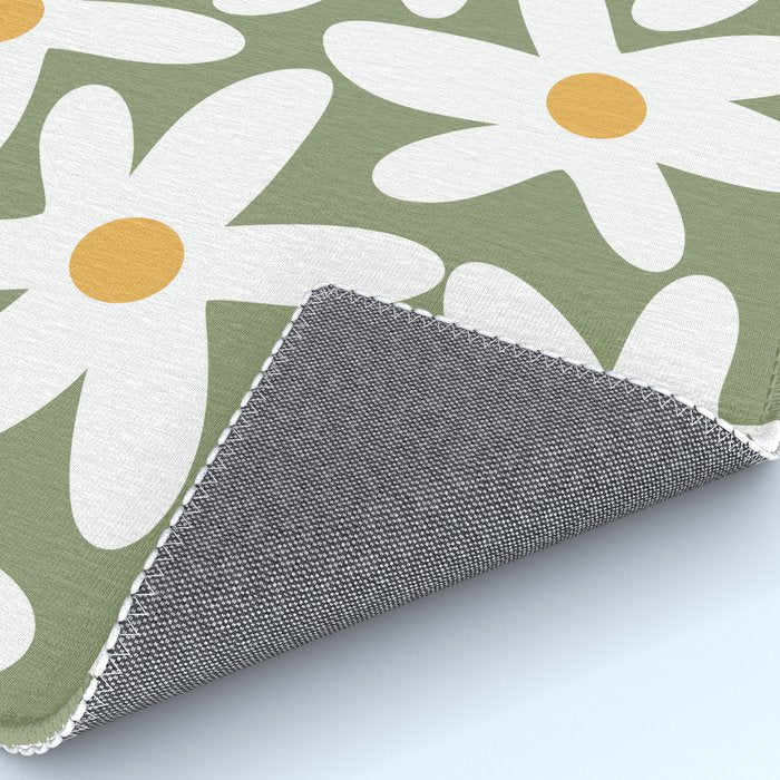 Daisy Time Retro Floral Pattern Sage Green White Mustard Rug Gallery Image 4
