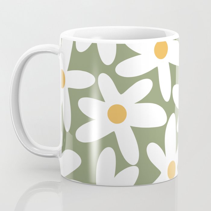 Daisy Time Retro Floral Pattern Sage Green White Mustard Coffee Mug Gallery Image 3