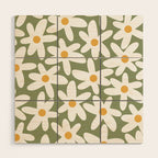 Daisy Time Retro Floral Pattern Sage Green White Mustard Wood Wall Art Gallery Image 1