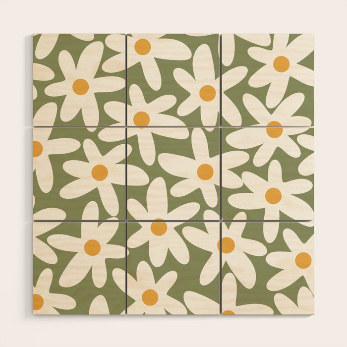 Daisy Time Retro Floral Pattern Sage Green White Mustard Wood Wall Art Gallery Image 1