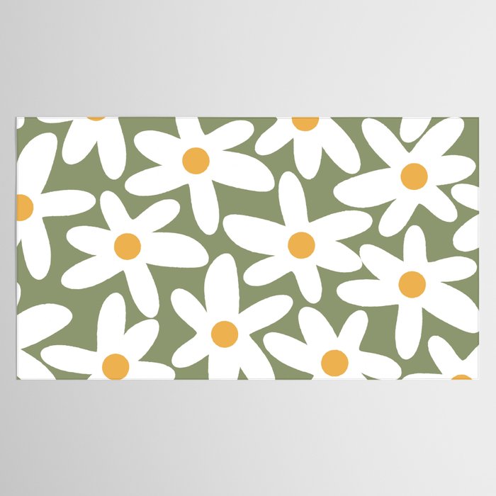 Daisy Time Retro Floral Pattern Sage Green White Mustard Tablecloth Gallery Image 2