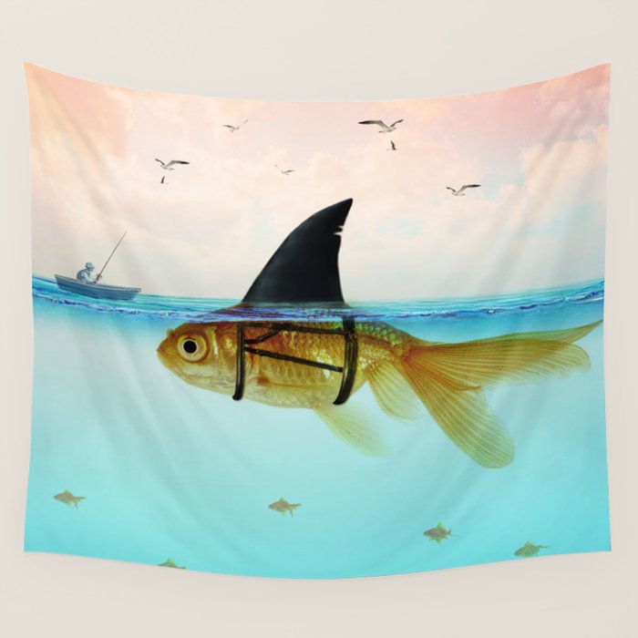 goldfish with a shark fin Wall Tapestry Gallery Image 1