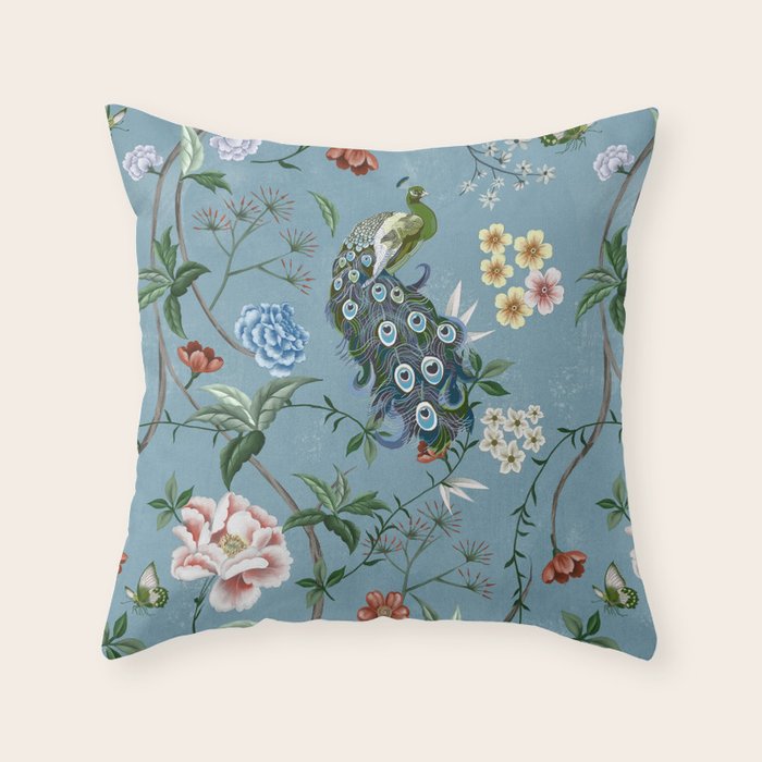 Chinoiserie Peacock teal greens florals oriental Throw Pillow Gallery Image 6