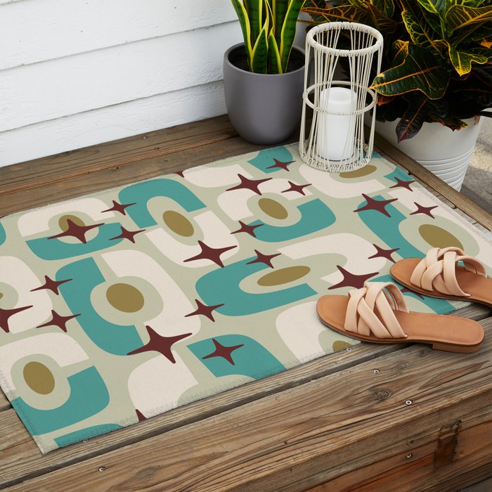Mid Century Modern Atomic Googie Decor 144 Turquoise and Gold Outdoor Rug Gallery Image 2
